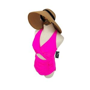 NWT Swimsuit Large Neon Electric Hot Pink One Piece Cutout Ruched Wrap Summer